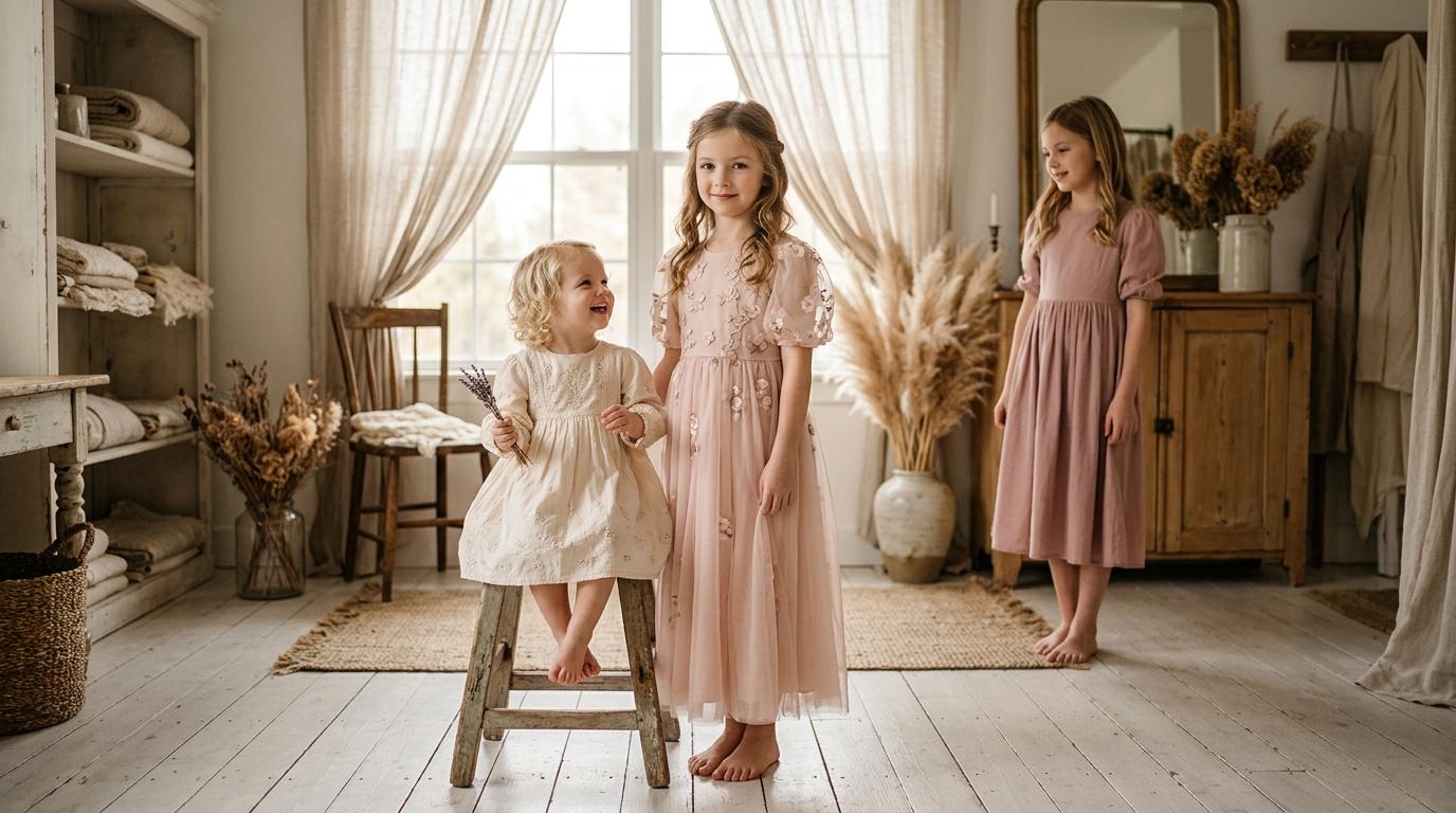 Trois fillettes en robes pastel dans une chambre rustique ensoleill&eacute;e