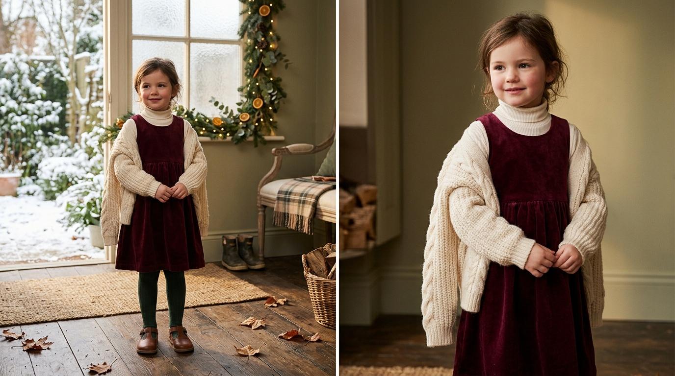 Petite fille en robe bordeaux et cardigan blanc &agrave; No&euml;l