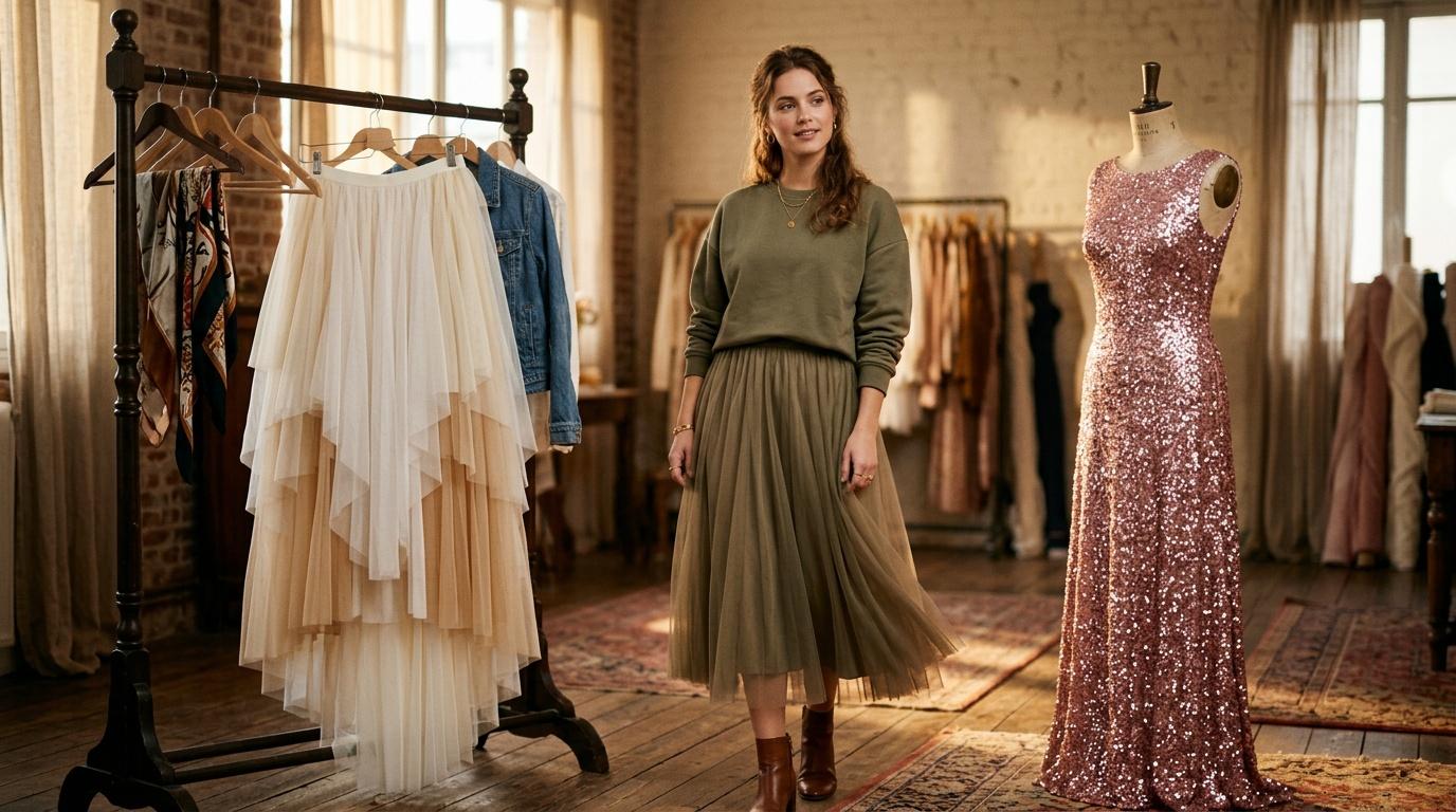 Femme dans showroom parmi robes et mannequins de luxe