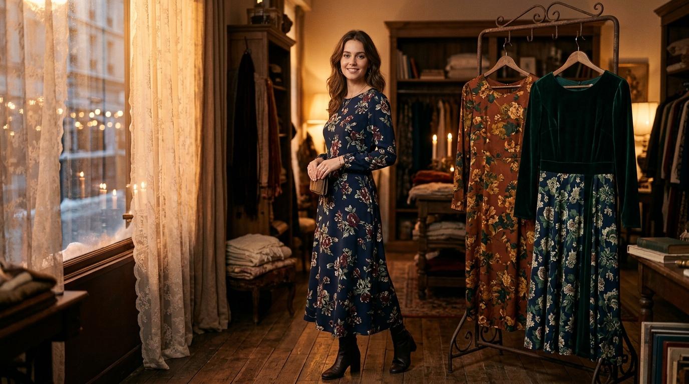 Femme posant dans boutique vintage avec robes florales expos&eacute;es