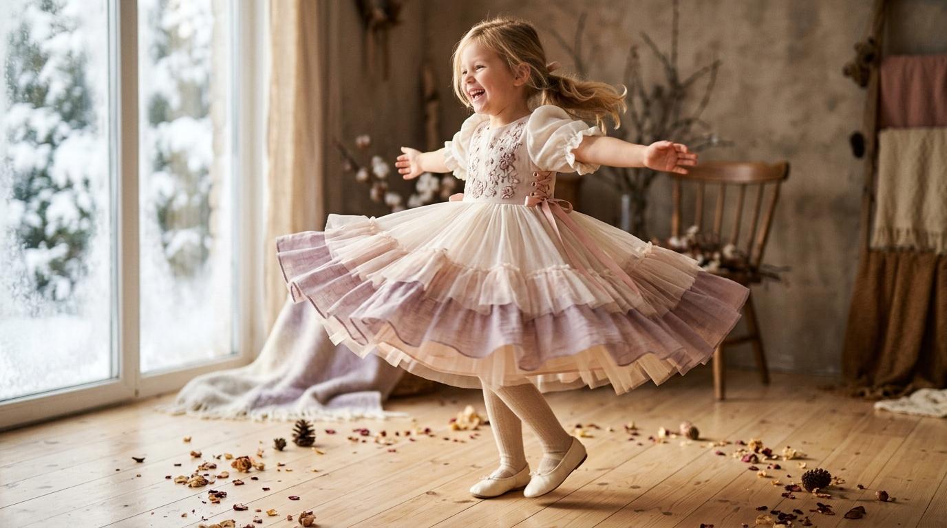 Fillette en robe de tulle rose dansant joyeusement pr&egrave;s d'une fen&ecirc;tre enneig&eacute;e