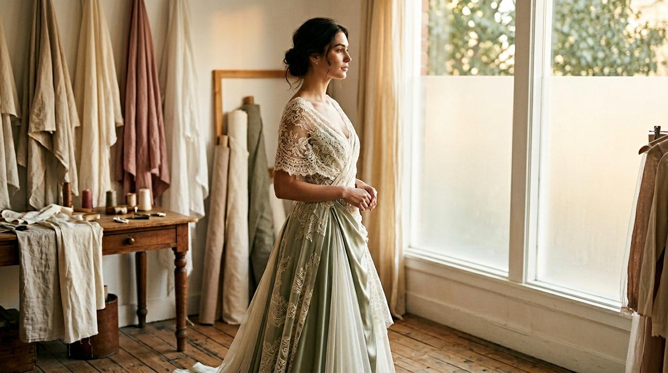 Femme en robe de soir&eacute;e verte et blanche dans atelier couture