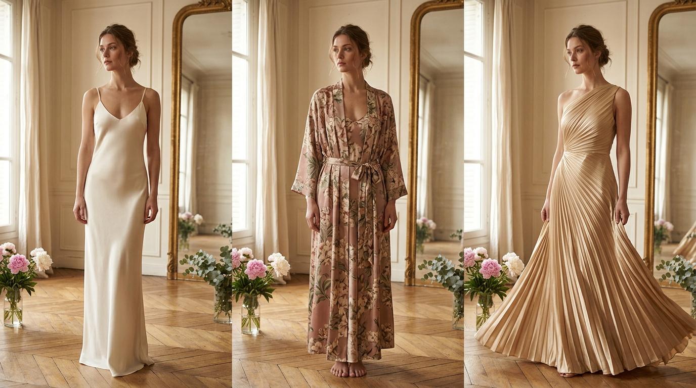 Trois modèles portent des robes de mariage élégantes dans un salon