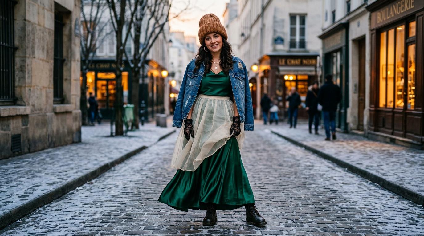 Femme souriante en tenue vintage dans une rue parisienne historique