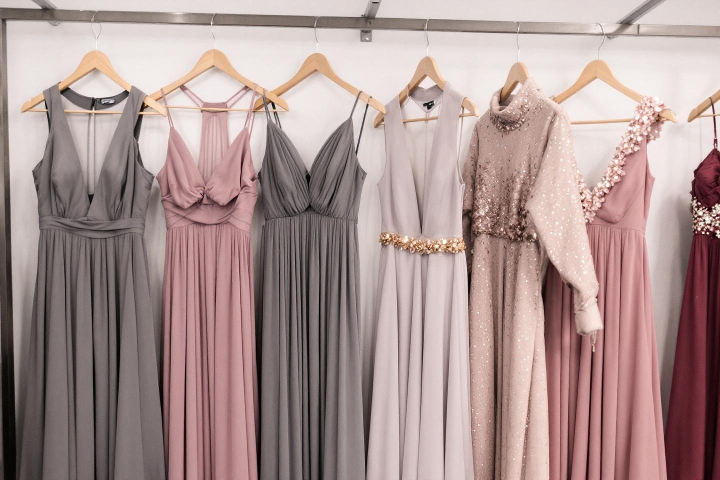 Rang&eacute;e de robes longues dans des tons pastels et gris suspendues