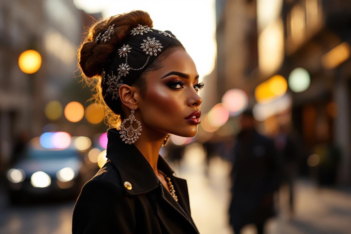 Femme sophistiqu&eacute;e avec coiffure orn&eacute;e, dans la ville lumineuse