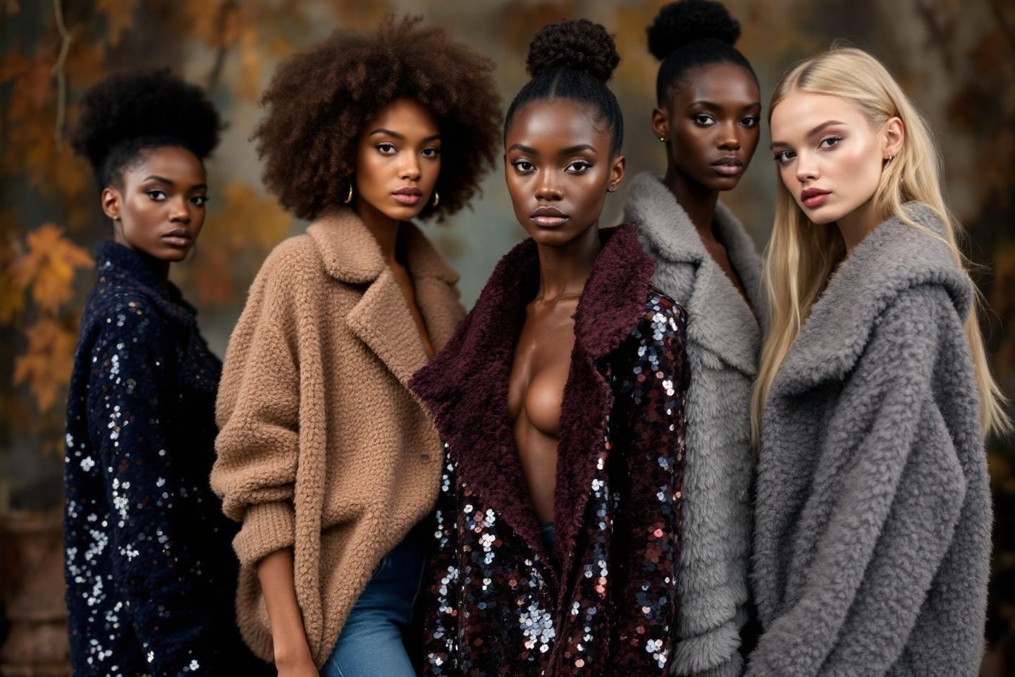 Cinq femmes en manteaux d'hiver posant ensemble dans un d&eacute;cor automnal
