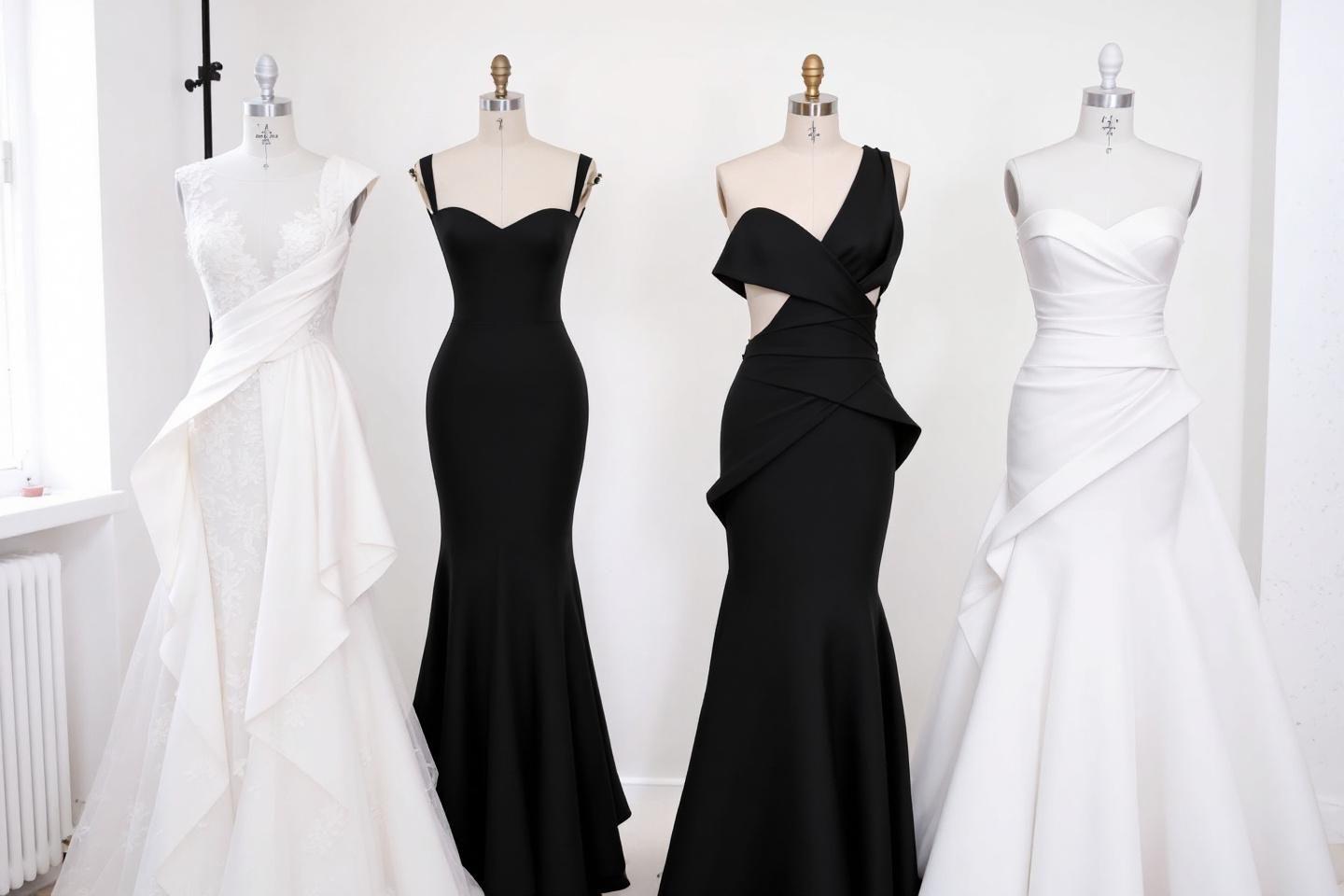 Quatre robes de soir&eacute;e sur mannequins, noir et blanc