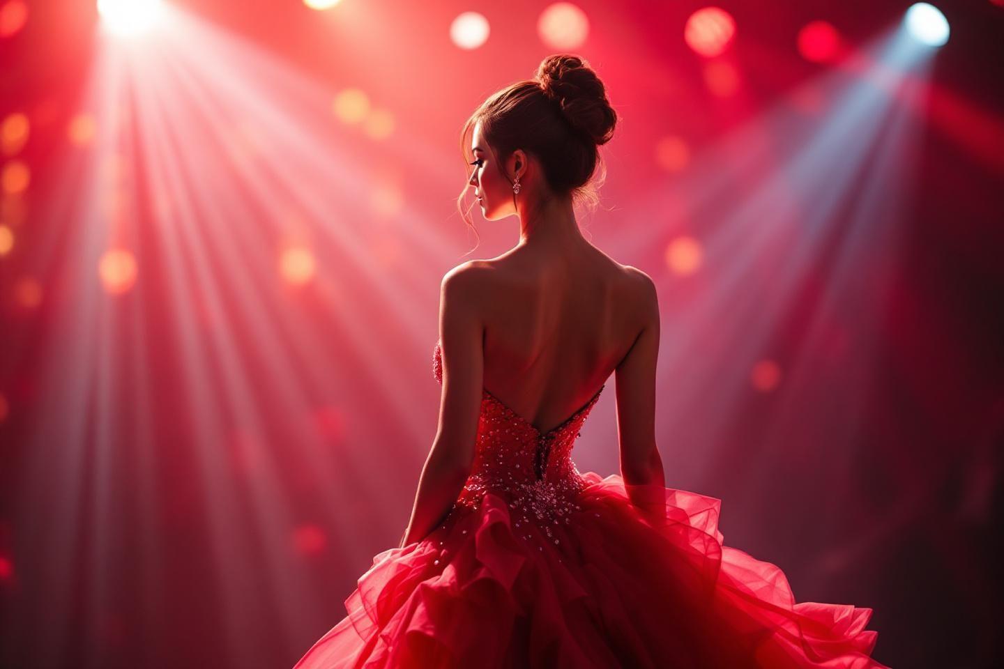 Silhouette &eacute;l&eacute;gante sur sc&egrave;ne, robe de ballet rouge dramatique