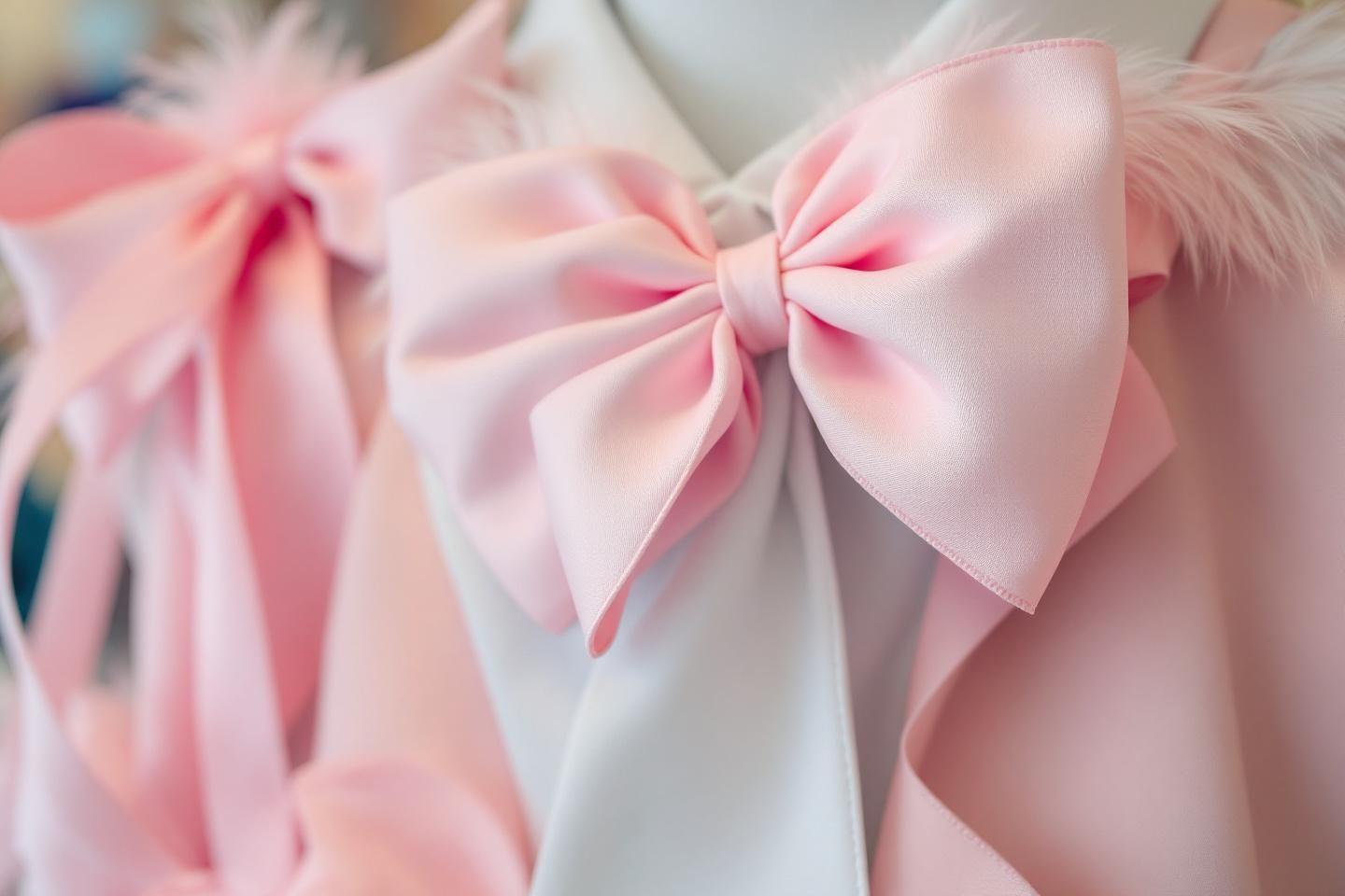 Gros plan sur des n&oelig;uds en tissu rose pastel soyeux