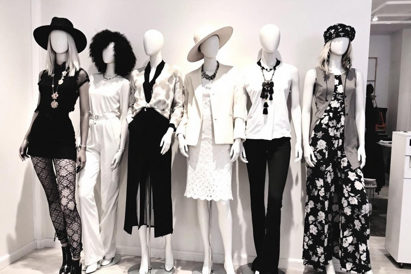 Six mannequins &eacute;l&eacute;gants portant des tenues vari&eacute;es dans une boutique