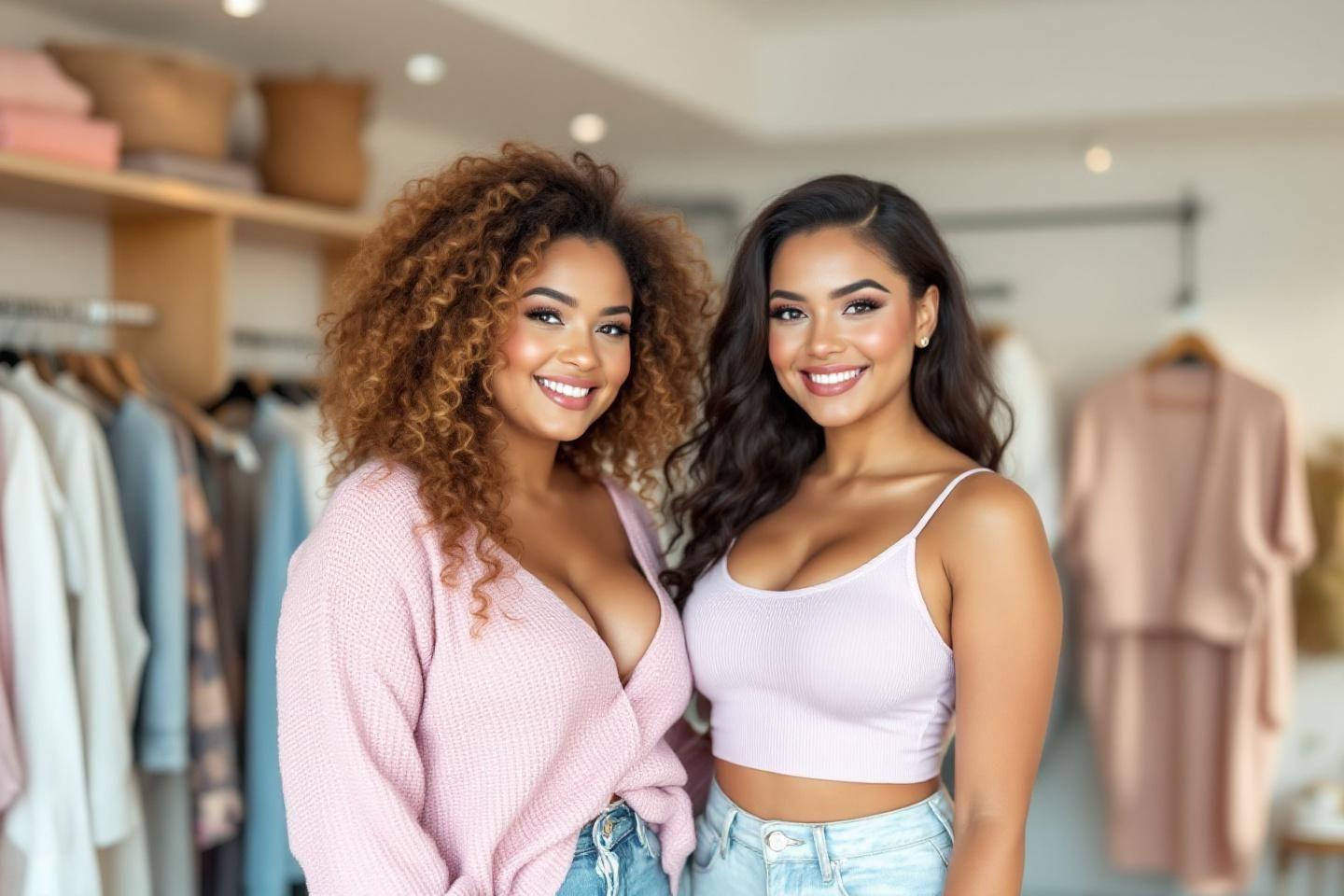 Deux jeunes femmes souriantes dans une boutique de v&ecirc;tements