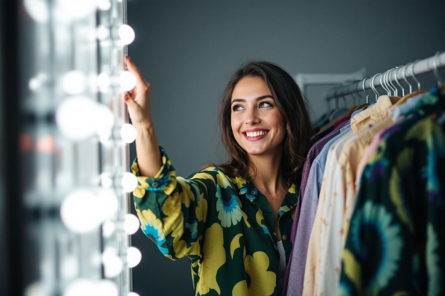 Femme souriante ajustant des lumi&egrave;res pr&egrave;s des v&ecirc;tements