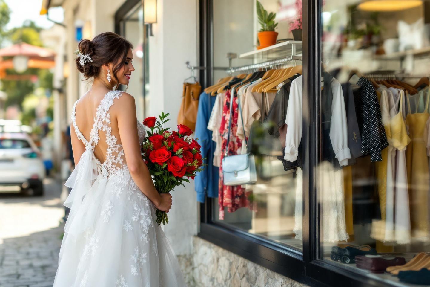 Robe blanche, bouquet rouge, dos en dentelle, reflets vitrines