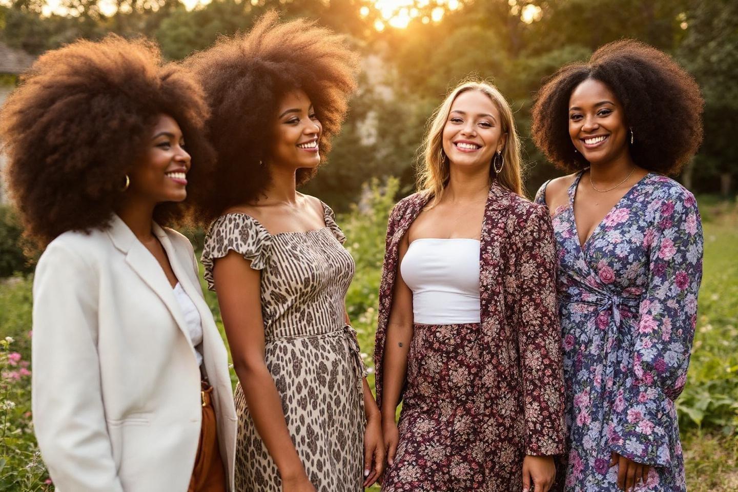 Groupe de femmes &eacute;l&eacute;gantes, diff&eacute;rents styles vestimentaires, sourires &eacute;clatants
