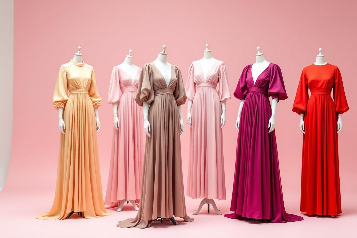 Six robes longues monochromes sur mannequins, nuances pastel et vives