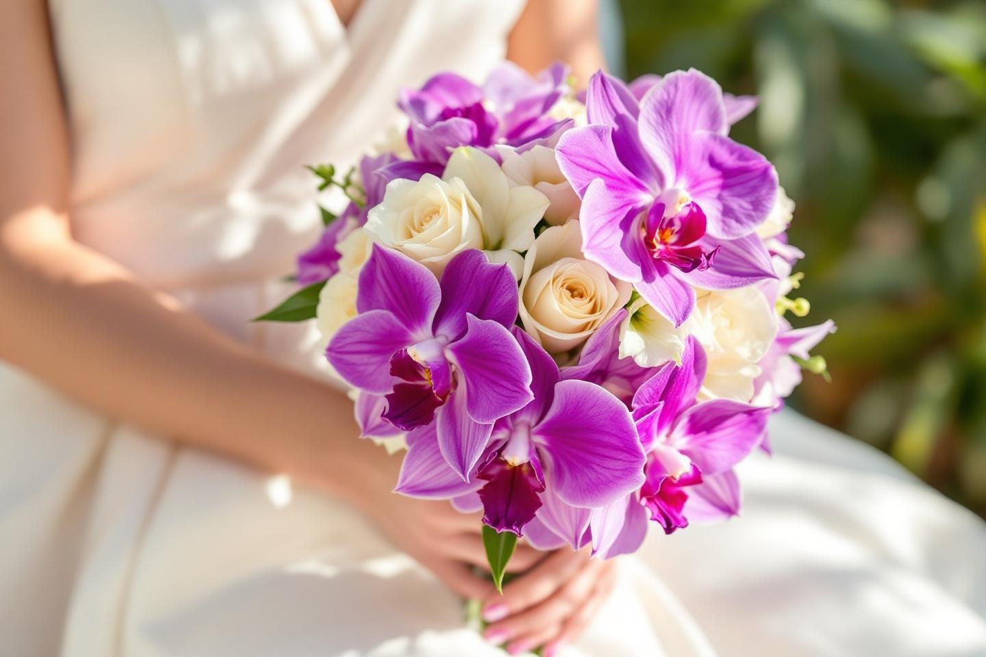 Bouquet de mariage avec orchid&eacute;es violettes et roses blanches