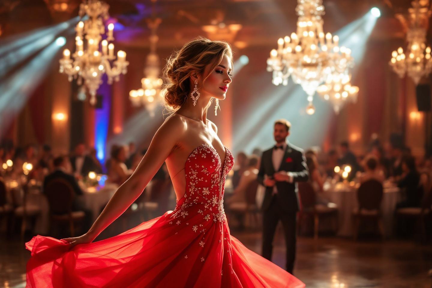 Femme &eacute;l&eacute;gante dansant dans une robe rouge scintillante