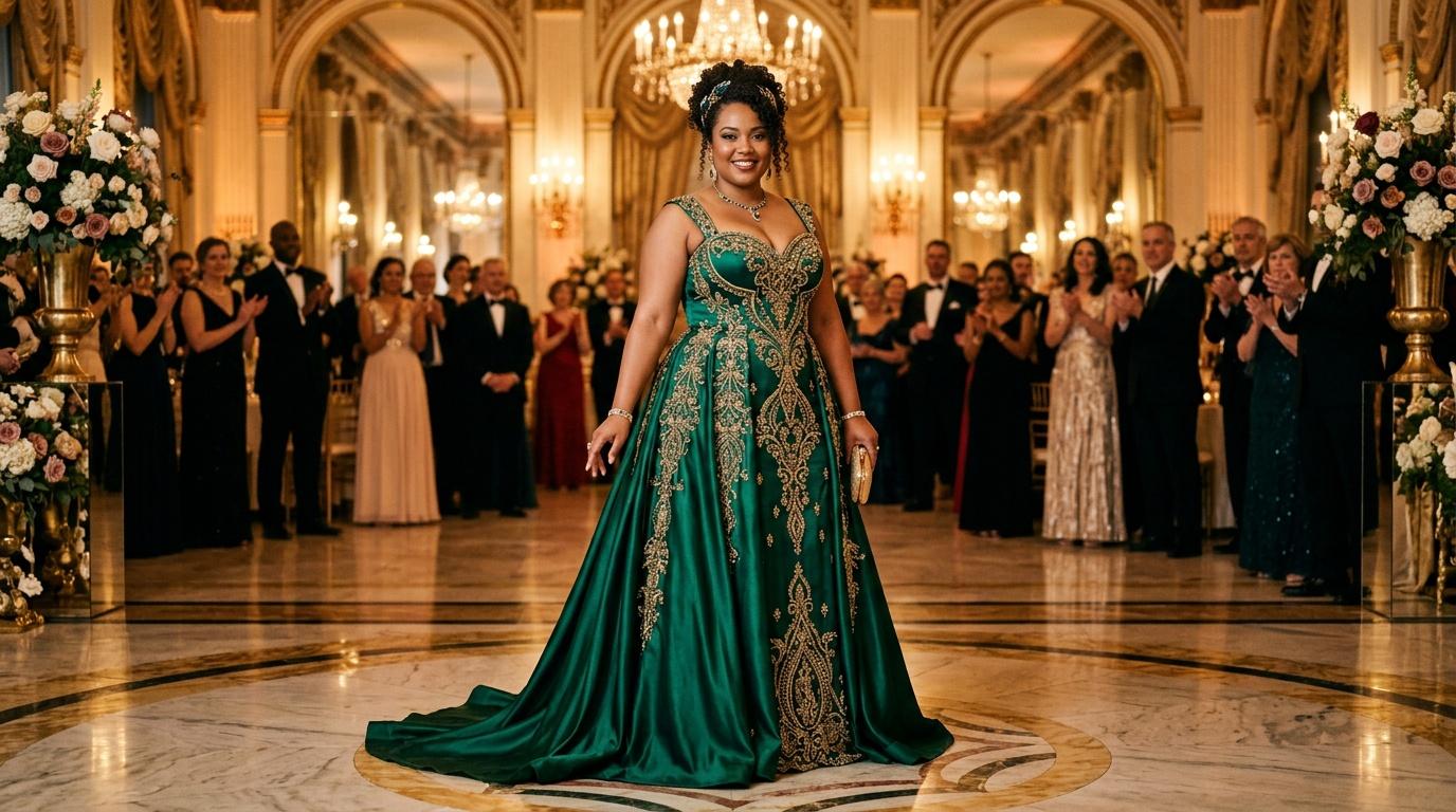 Femme en robe verte ornée lors d'un événement de gala prestigieux