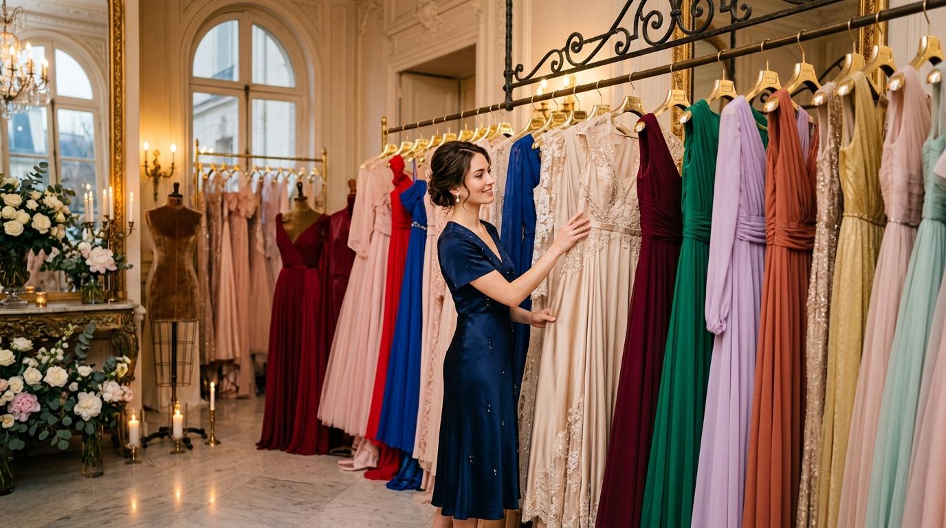 Femme choisissant une robe dans une boutique de luxe