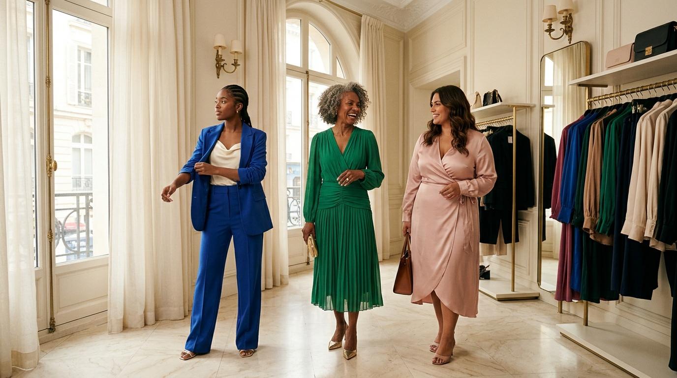 Trois femmes marchent dans une boutique de mode luxueuse et lumineuse