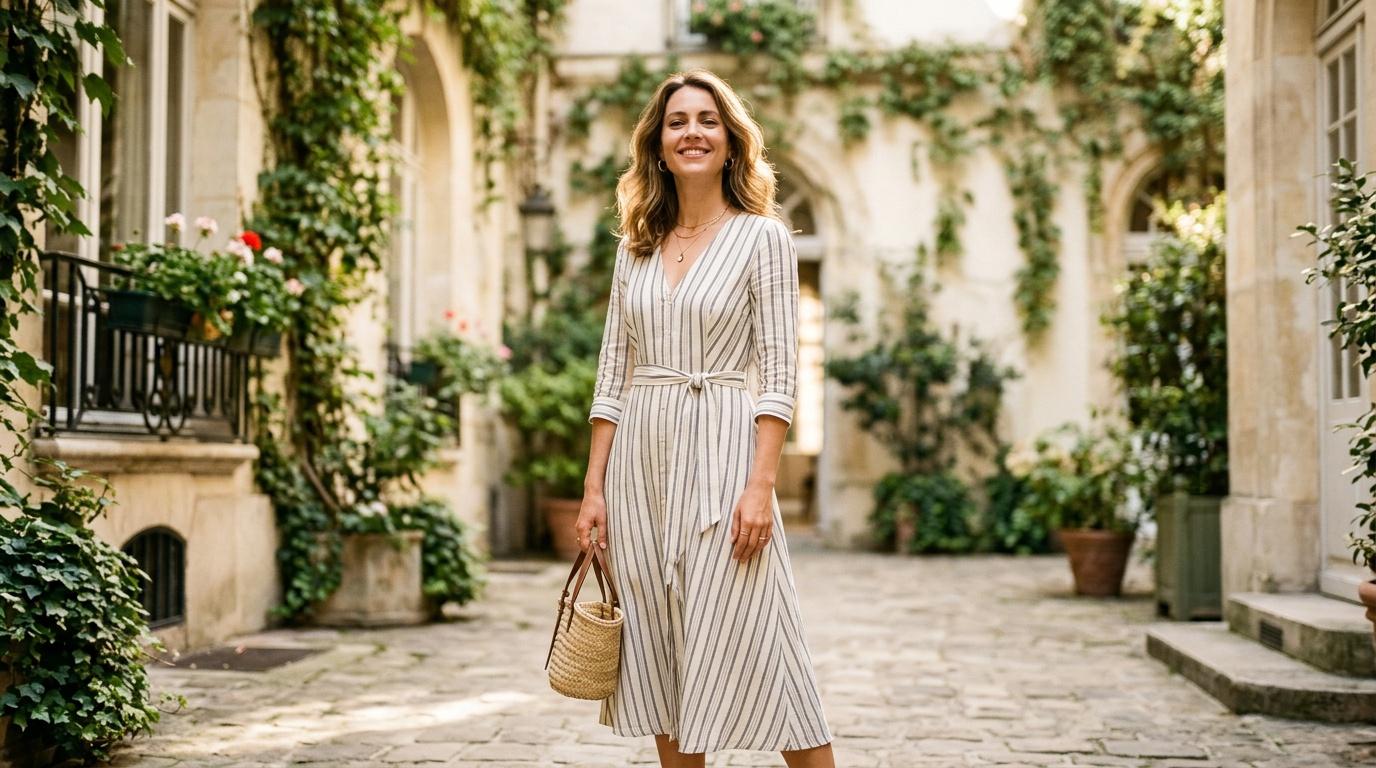 Femme souriante en robe ray&eacute;e dans une cour parisienne