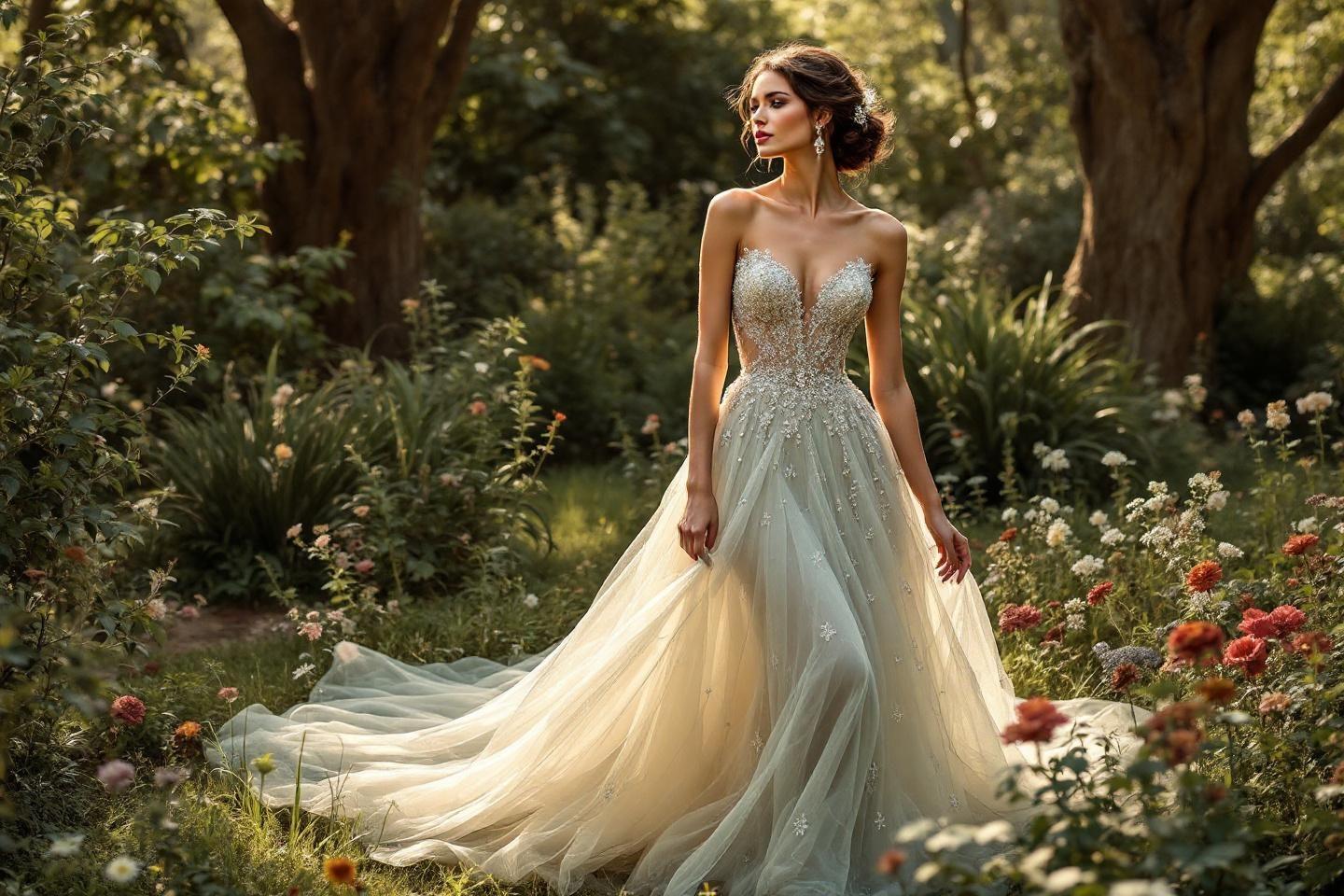 Robe de mari&eacute;e scintillante dans un jardin verdoyant et fleuri