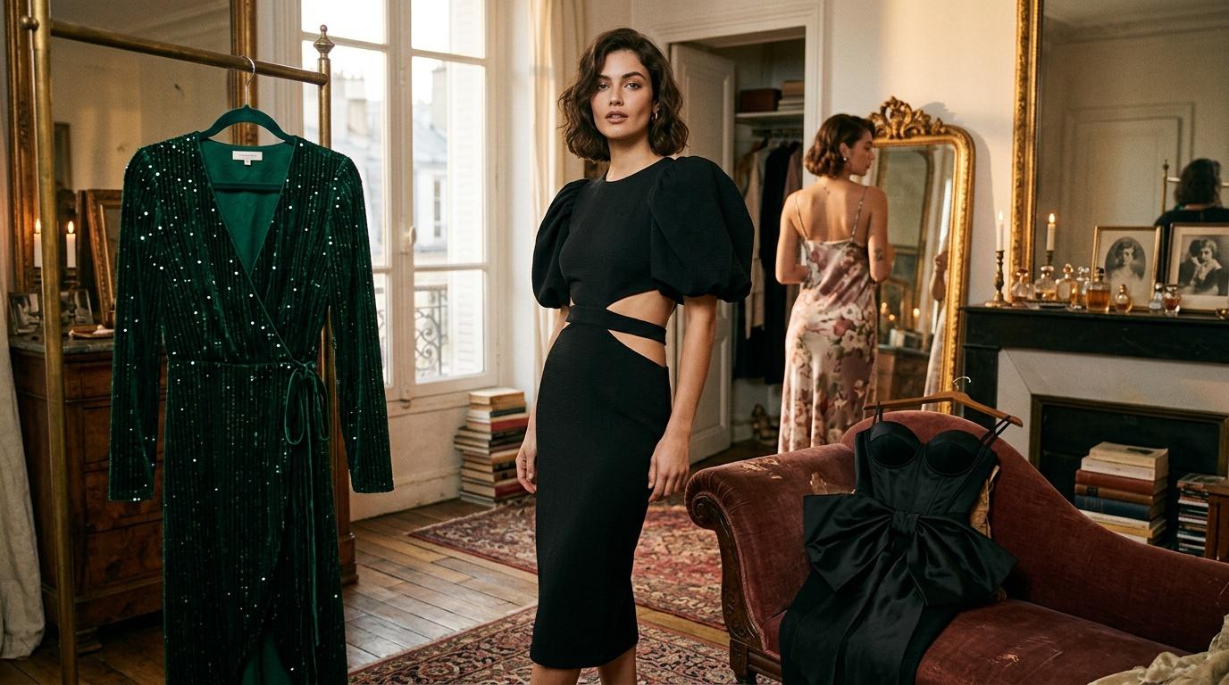 Femme en robe noire &eacute;l&eacute;gante pose dans int&eacute;rieur luxueux