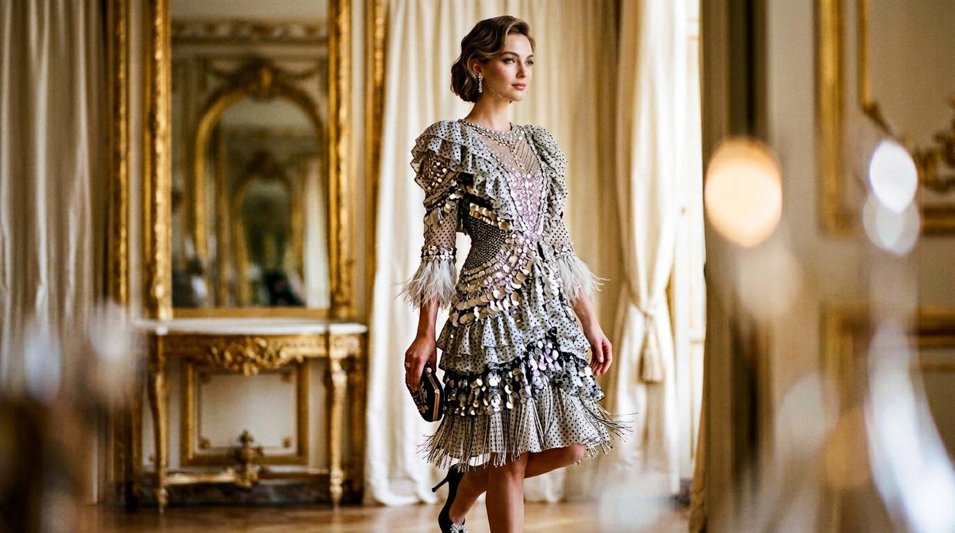Femme en robe paillet&eacute;e dans un corridor de luxe