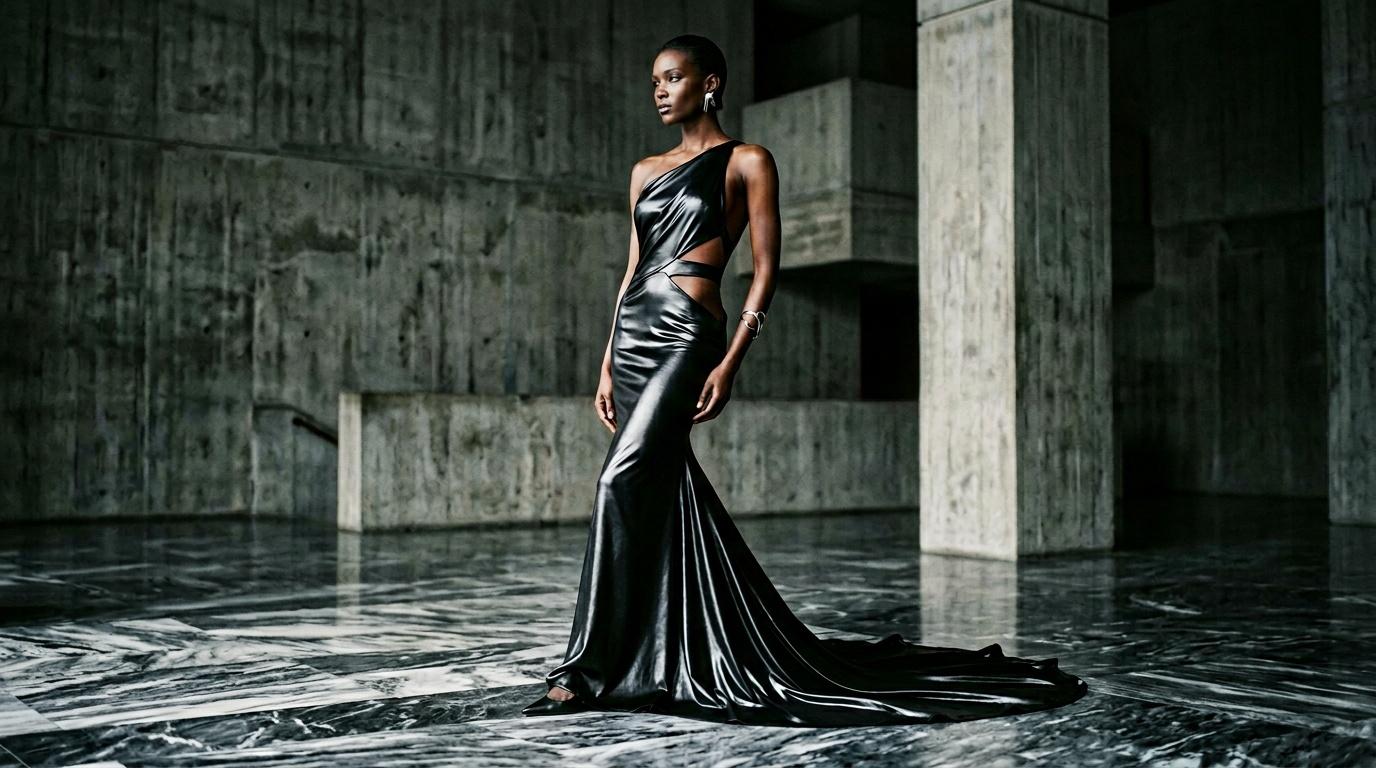 Femme en robe noire fluide dans architecture moderne grise
