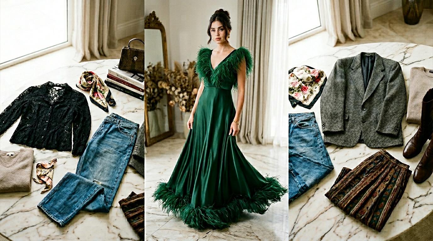 Femme en robe verte entour&eacute;e de v&ecirc;tements et accessoires de mode
