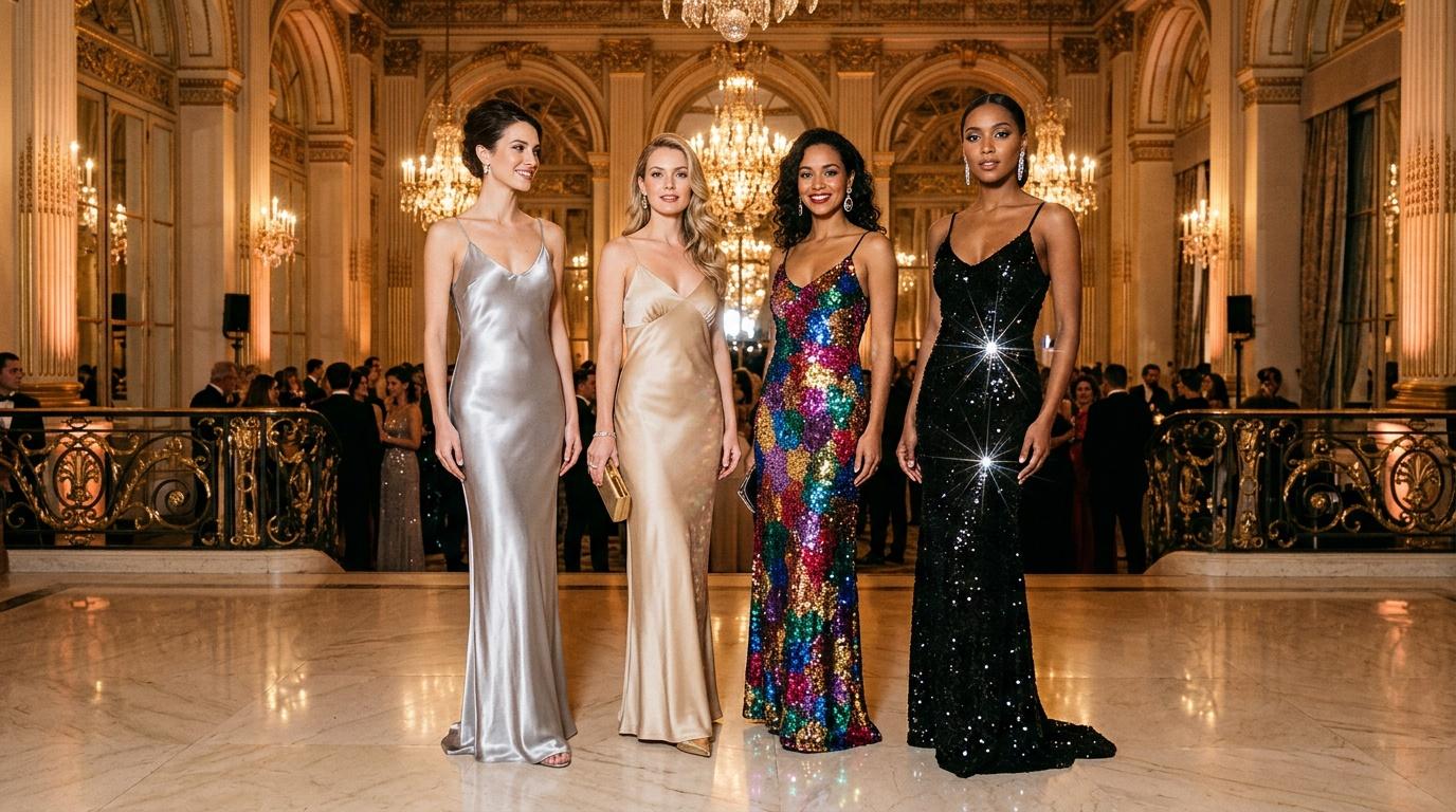 Quatre femmes en robes de soir&eacute;e dans un palace luxueux
