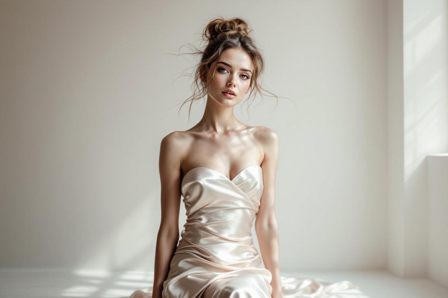 Femme en robe satin blanche, coiffure chignon, pose gracieuse