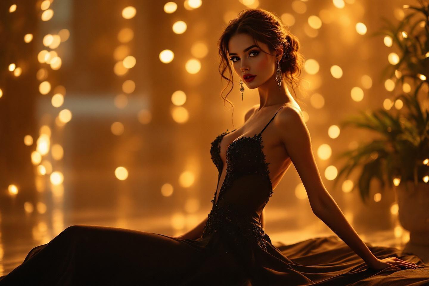 Femme en robe noire posant avec des lumi&egrave;res dor&eacute;es