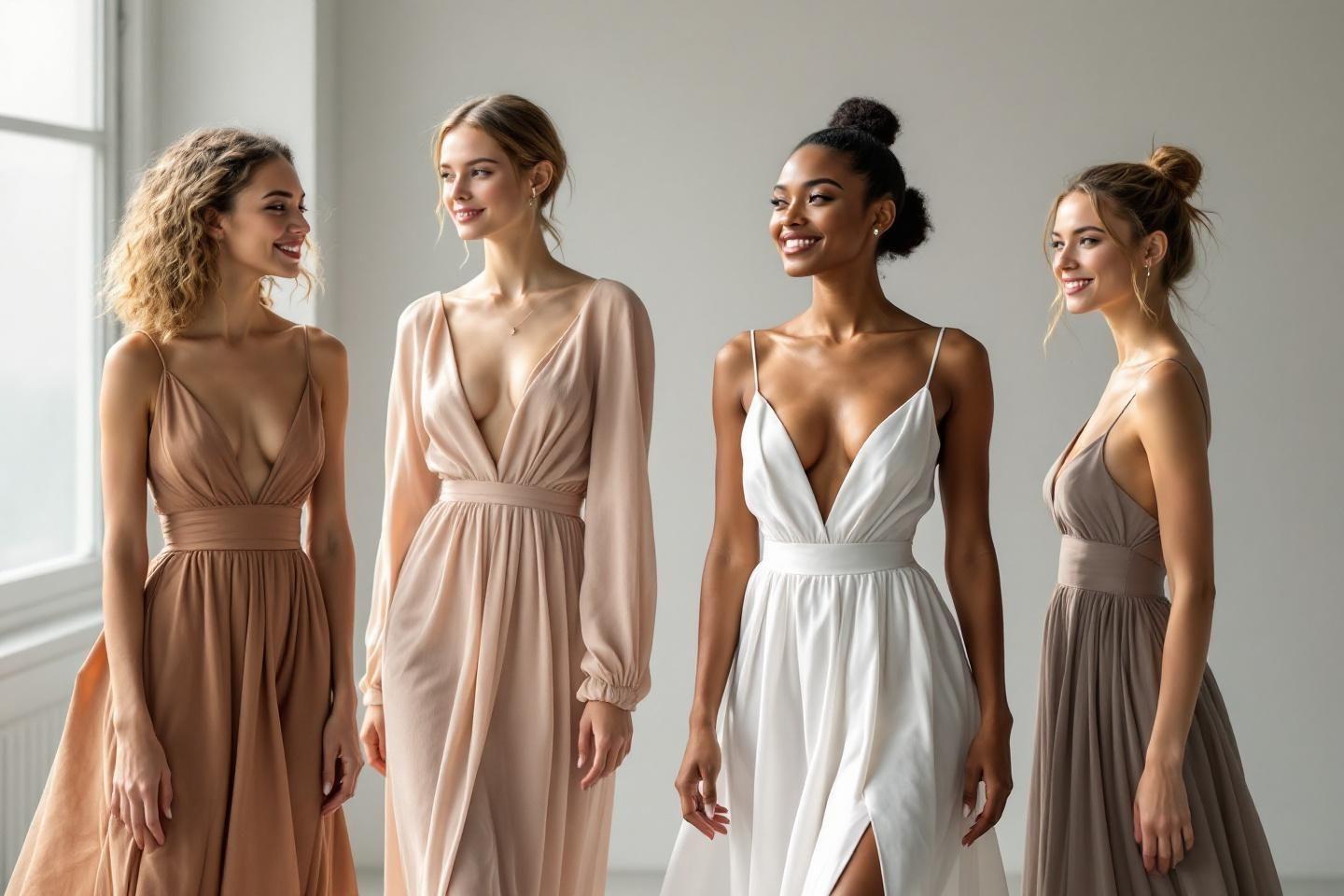 Quatre femmes en robes longues de diff&eacute;rentes couleurs et coupes