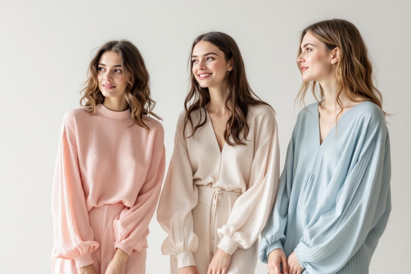 Trio de femmes souriantes portant des pulls doux color&eacute;s