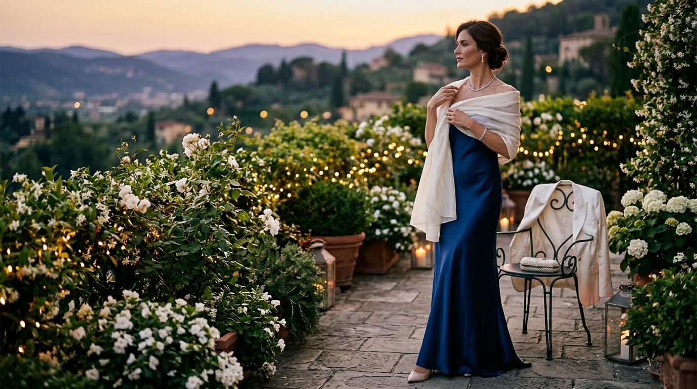 Femme en robe bleue dans un jardin fleuri toscan au coucher de soleil