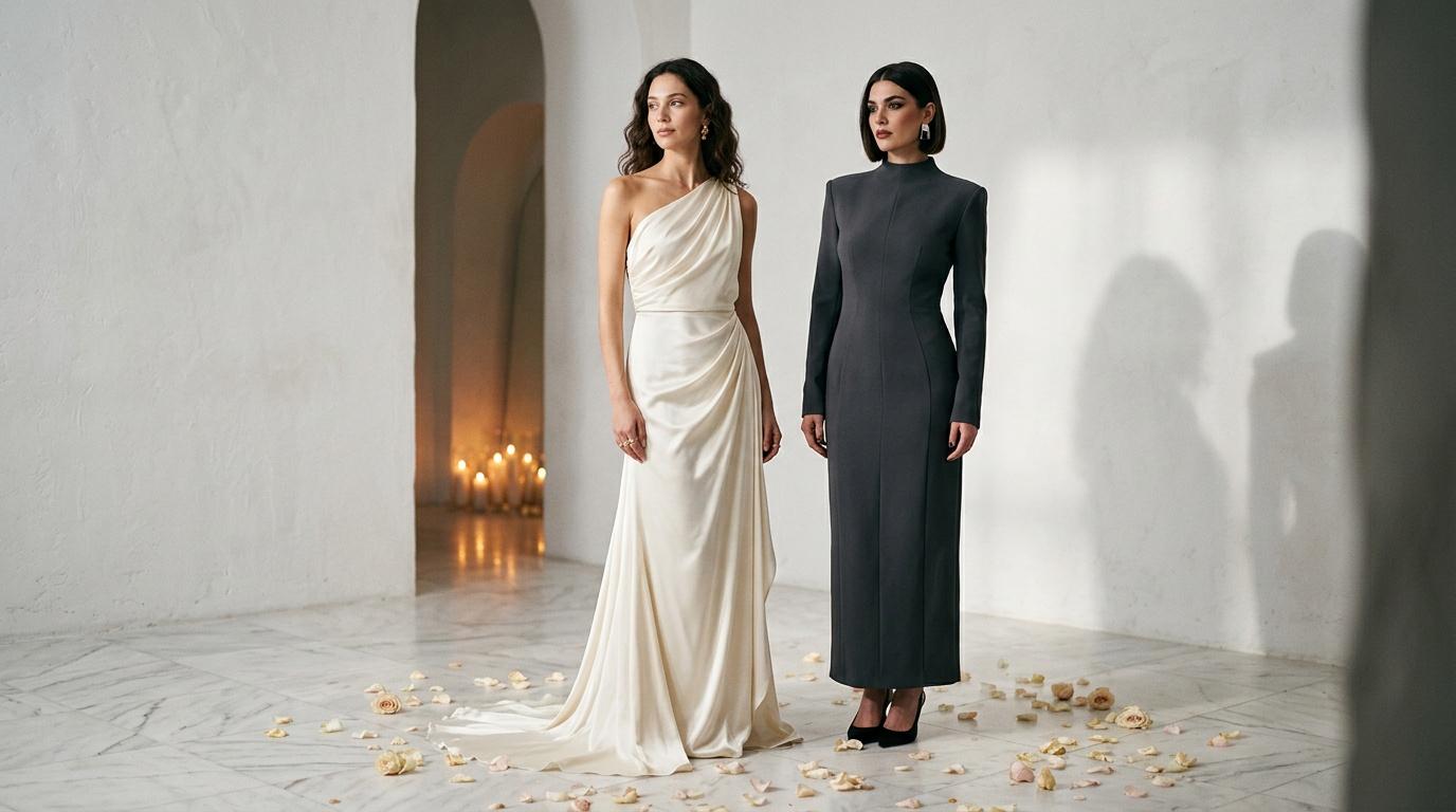 Deux femmes portant une robe blanche et noire dans un couloir minimaliste