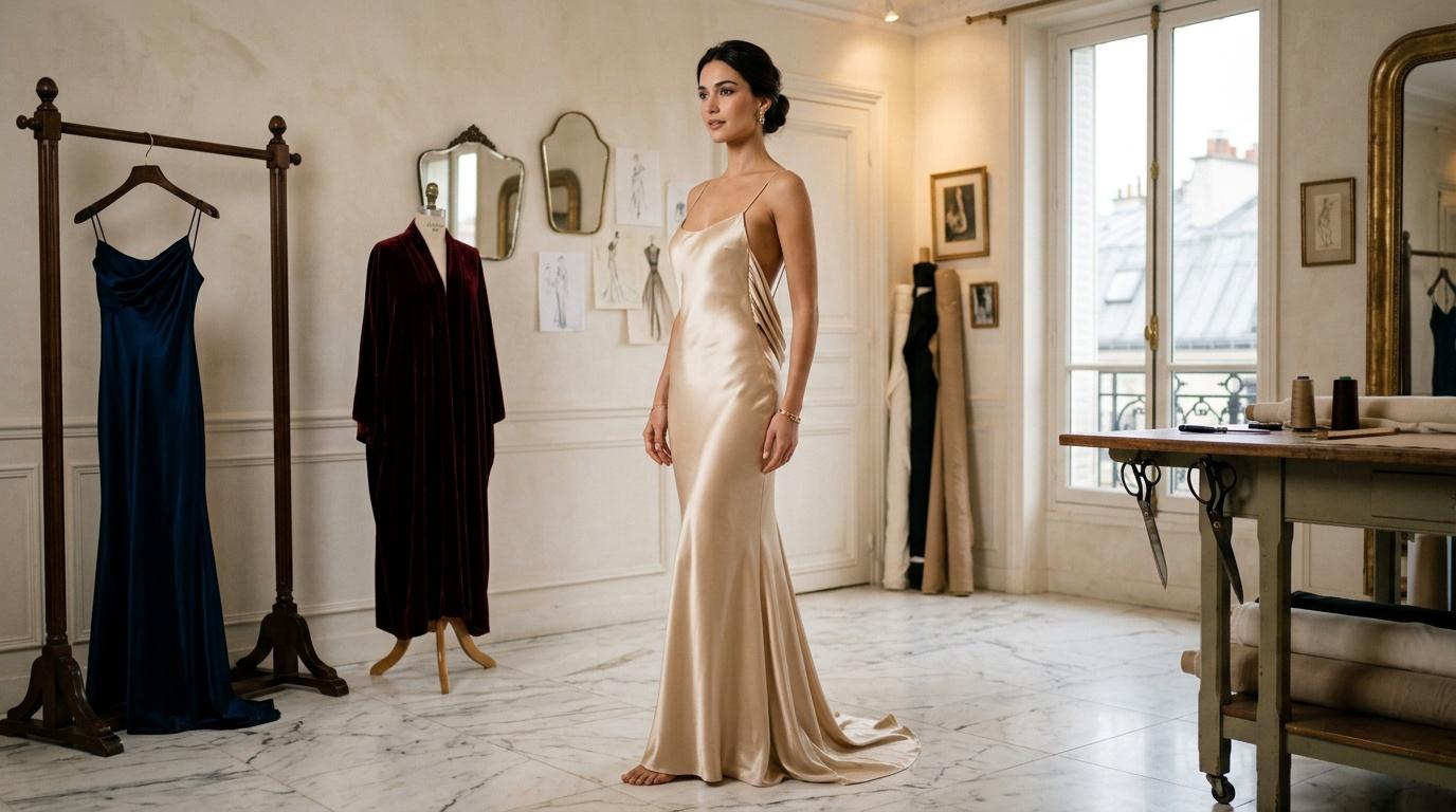 Femme en robe champagne dans un atelier de mode &eacute;l&eacute;gant