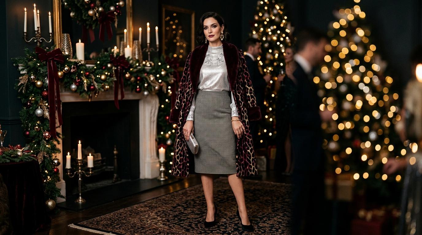 Femme &eacute;l&eacute;gante en tenue chic dans d&eacute;cor No&euml;l luxueux