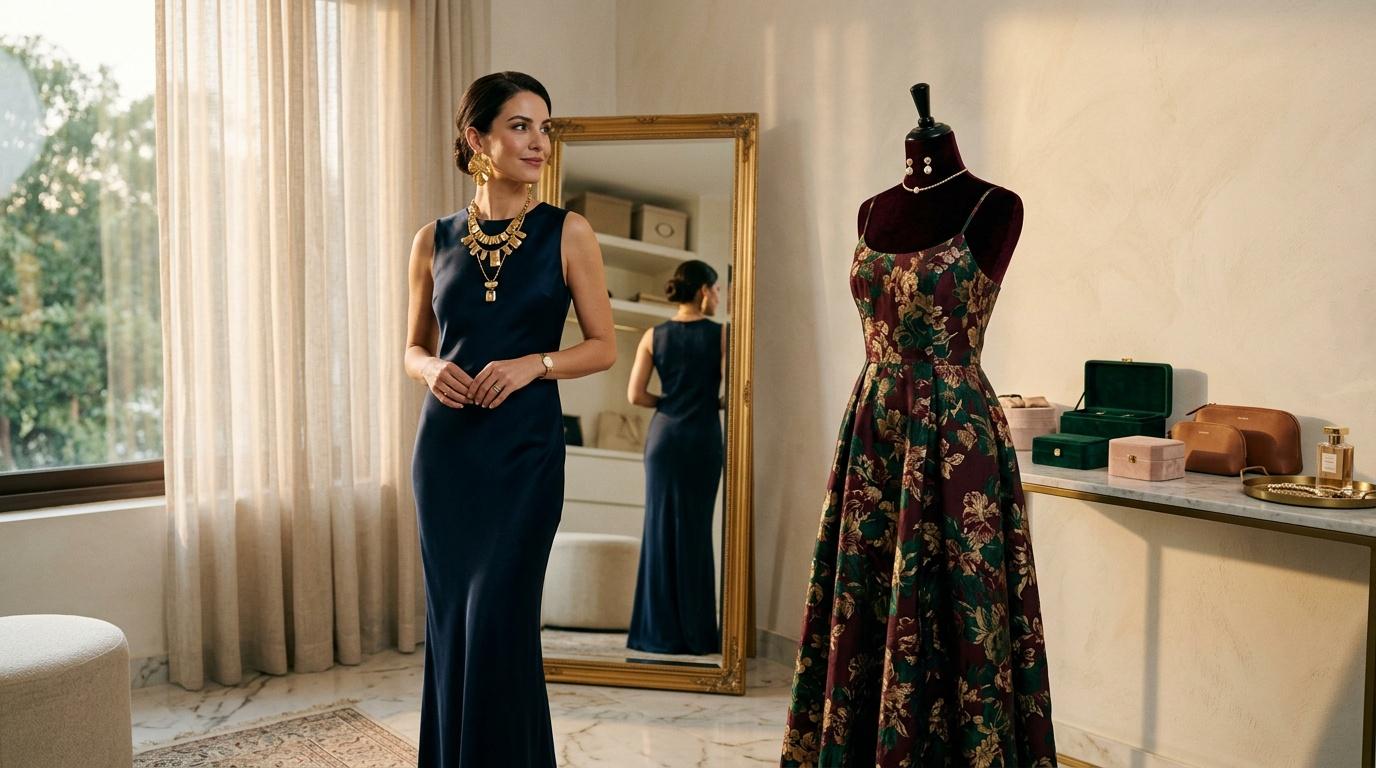 Femme en robe noire devant miroir, mannequin avec robe fleurie
