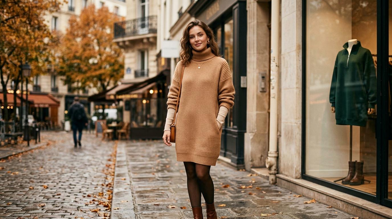 Femme en pull beige dans une rue pav&eacute;e parisienne d'automne