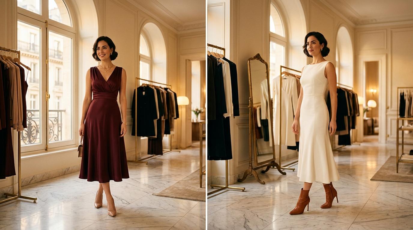 Femme essayant robes bordeaux et blanche dans boutique &eacute;l&eacute;gante