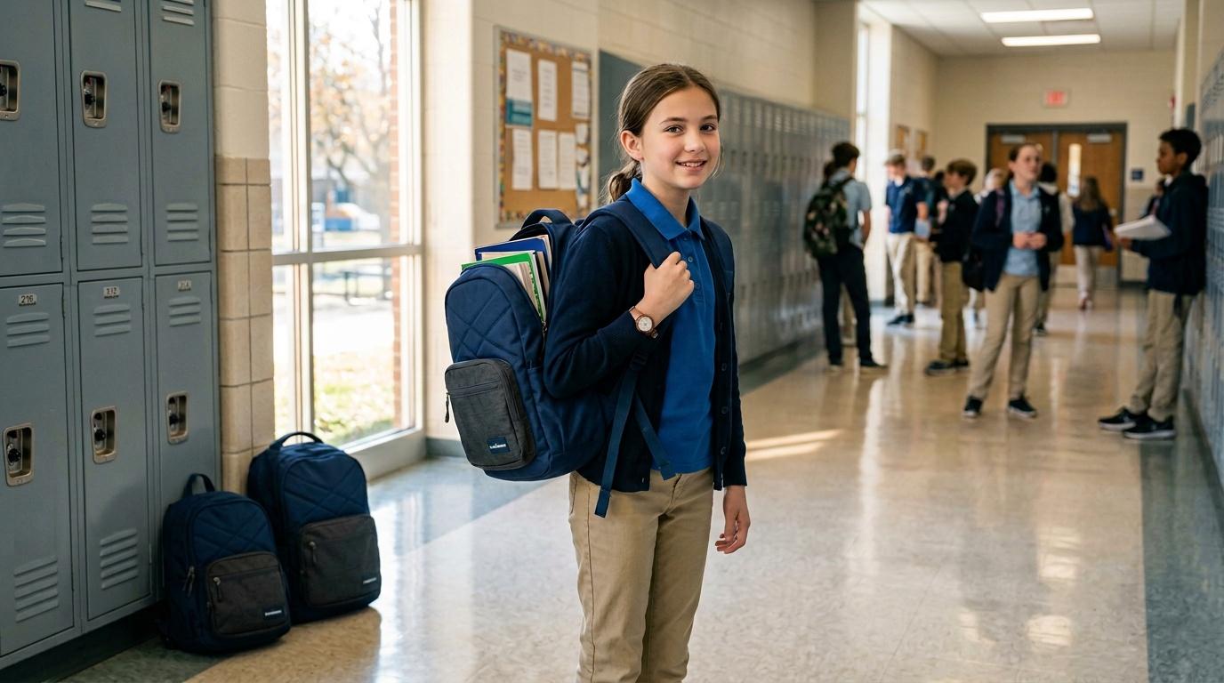Jeune fille avec sac à dos dans couloir d'école