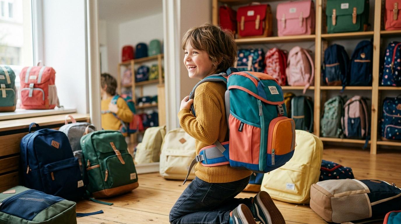Garçon joyeux avec sac à dos dans magasin fournitures scolaires