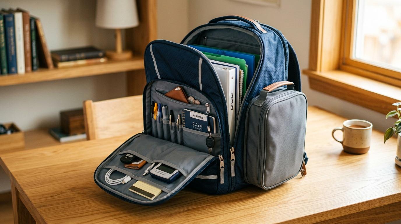 Sac à dos bleu ouvert avec compartiments rangés sur bureau