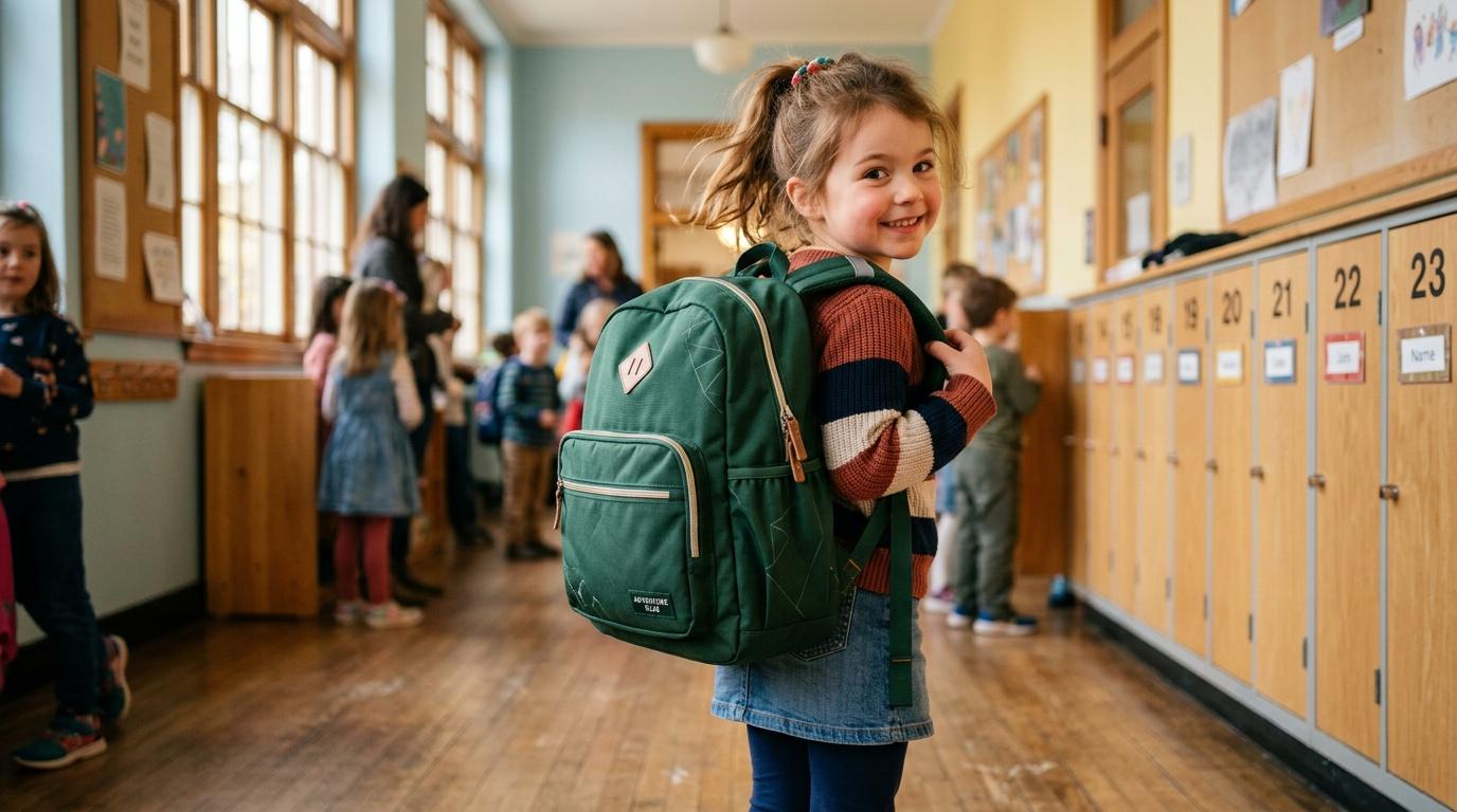 Jeune fille souriante portant un sac à dos vert dans un couloir d'école