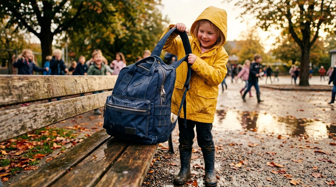 Fillette en imperméable jaune tenant son sac à dos denim.