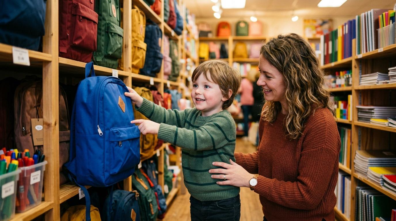 Femme et enfant sélectionnent un sac à dos bleu en magasin