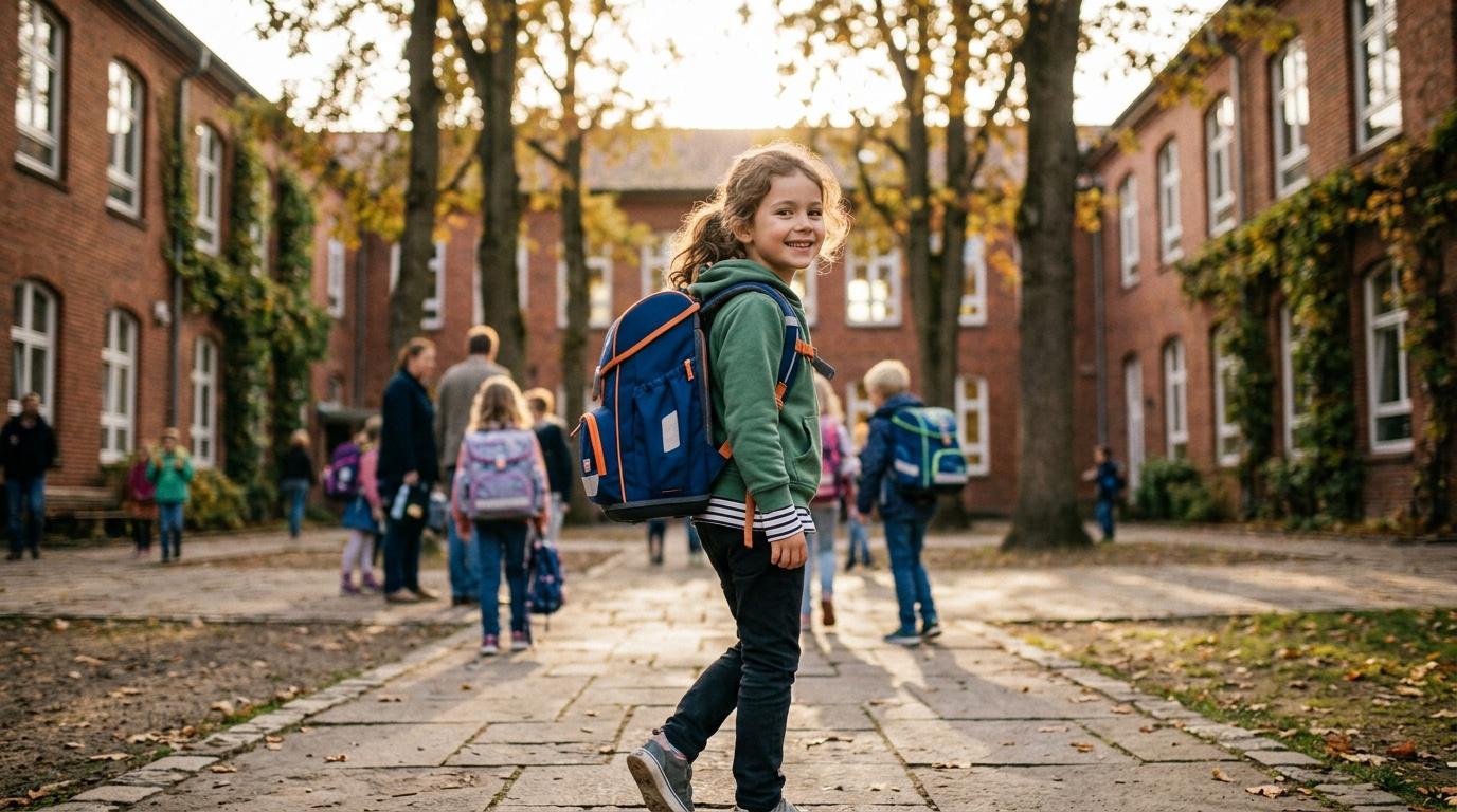 Jeune fille souriante avec son sac à dos dans une cour d'école